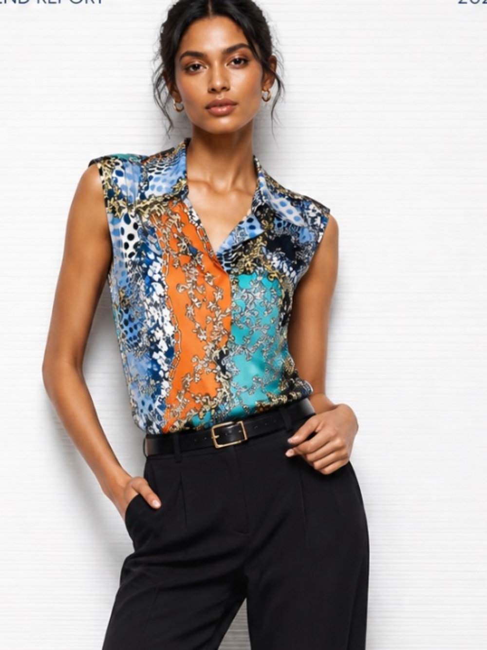 ETCETERA Blouse 100% Silk Sleeveless Popover Patchwork Barogue Orange Turquoise